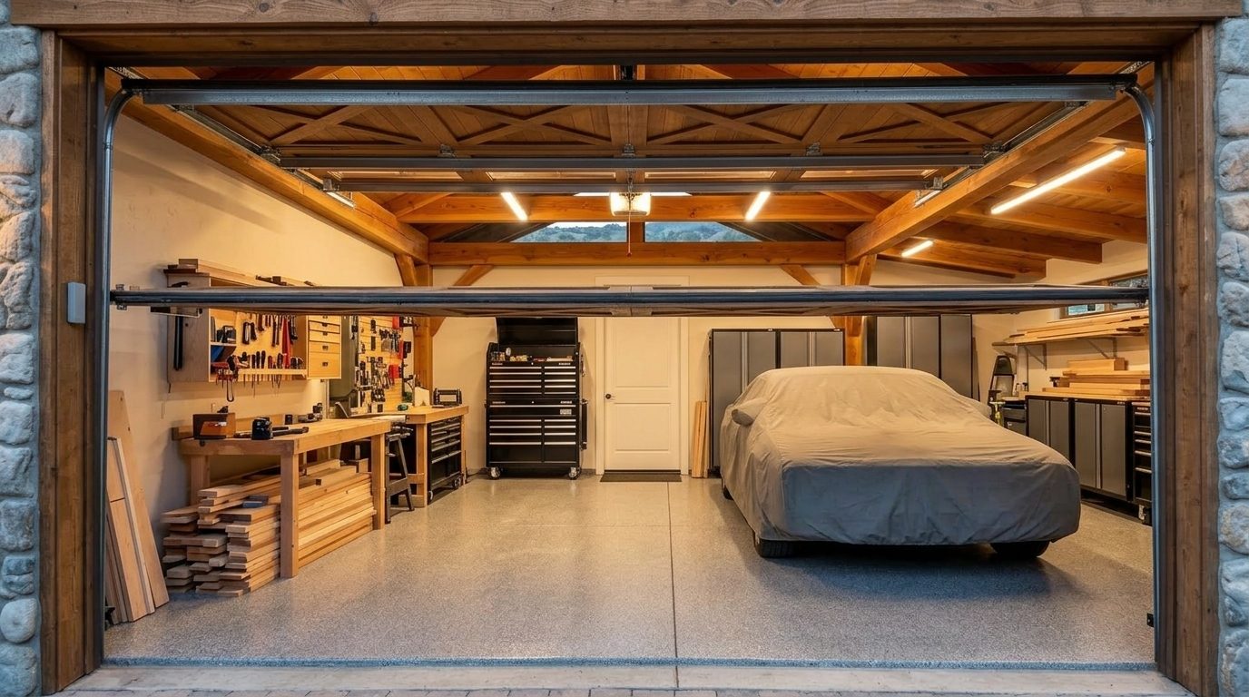 Price Garage Door Services Interior View of Custom Garage Door Overhead and Workshop